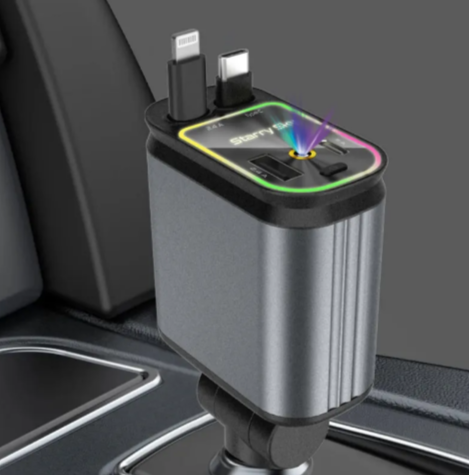 66 watt - 4-in-1 Retractable Car Charger with Ambient Light